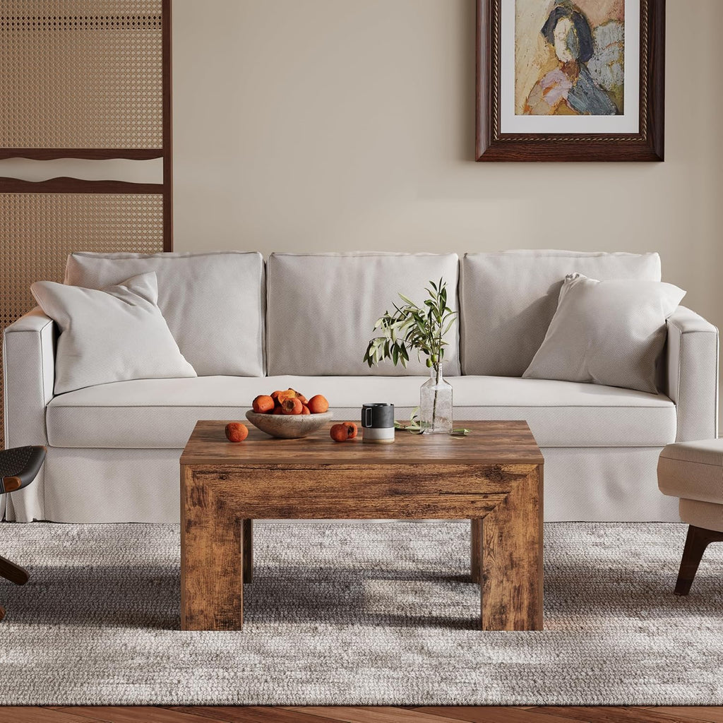 LUMTOK Wooden Square Coffee Table,35.5 inch Farmhouse Low Cocktail with Thick Base for Living Room (Rustic Brown)