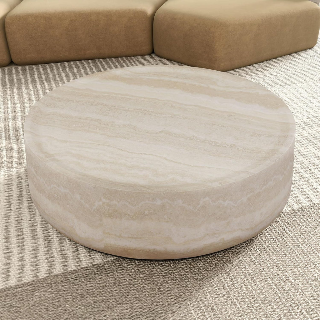 Round Coffee Table 39.37'' Marble Pattern Drum Shaped Coffee Table Fiberglass Cocktail Table Center Table for Living Room ome Office, Fully Assembled, White