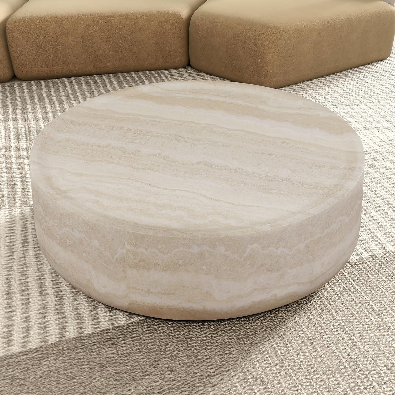 Round Coffee Table 39.37'' Marble Pattern Drum Shaped Coffee Table Fiberglass Cocktail Table Center Table for Living Room ome Office, Fully Assembled, White