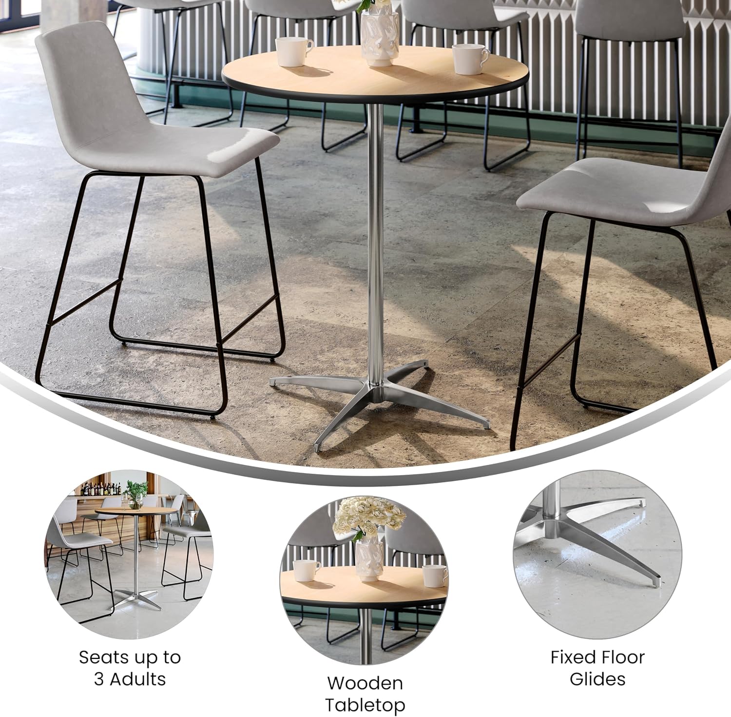 Flash Furniture Lars 30' Round Cocktail Table with 30' and 42' Columns, Adjustable Standard or Bar Height Round Table for Events or Home Use, Natural