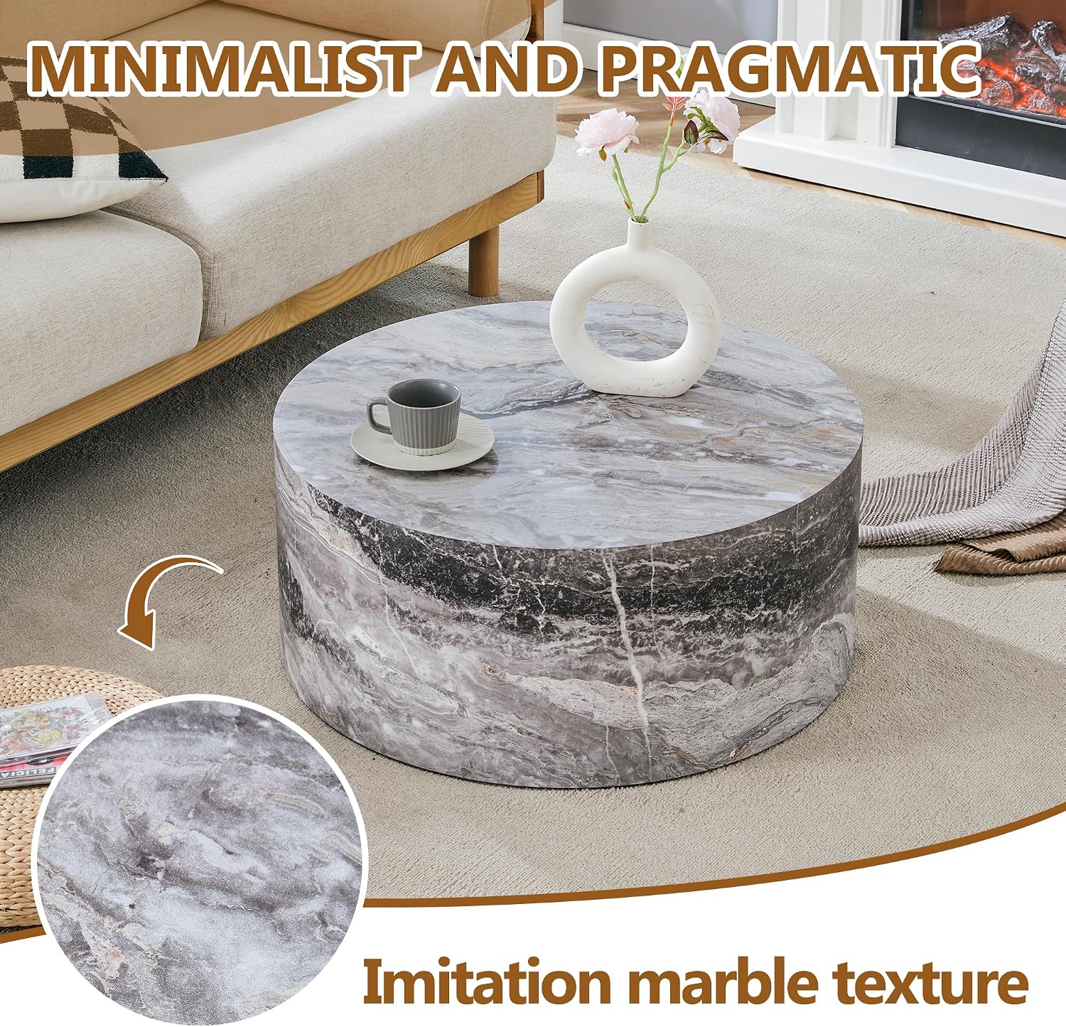 WILLIAMSPACE 27.5' Round Coffee Table for Living Room, Modern Drum Circle Wood Coffee Table, Contemporary Coffee Table Side End Table for Apartment, ø27.5'*12'H (Gray Marble)