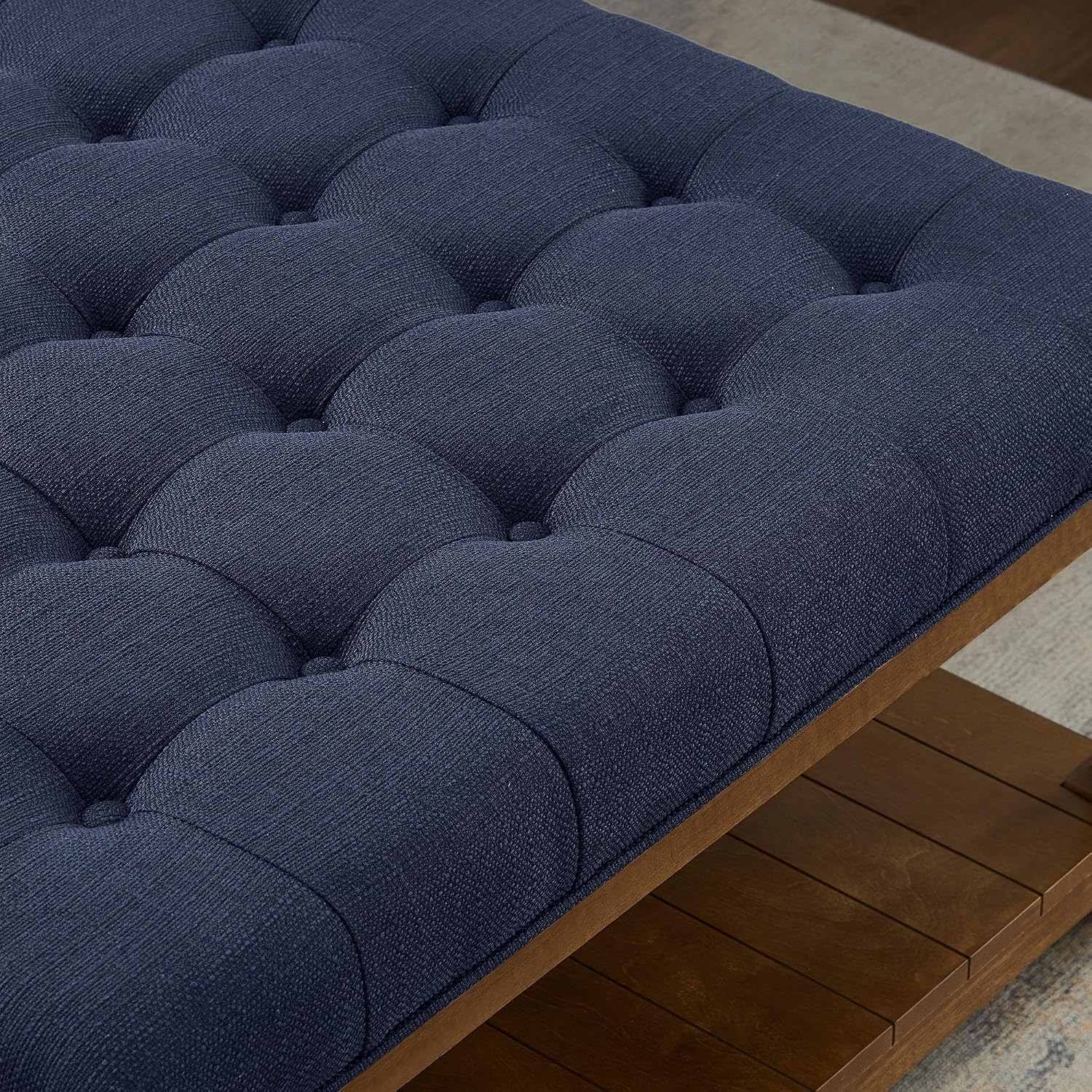 GDFStudio Large Square Upholstered Tufted Linen Ottoman Coffee Table with Solid Wood Frame and Open Storage Shelf, Nailhead Trim Accent Footrest for Living Room, Navy Blue