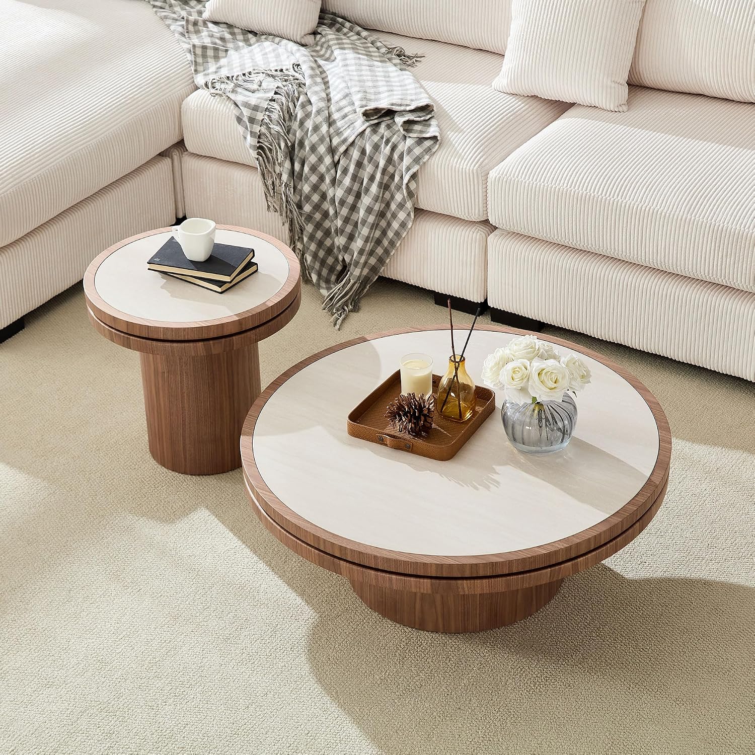 JUSTONE 35.43''Round Coffee Table,Farmhouse Wood Coffee Table for Living Room Apartment,Easy Assembly,Walnut(ø35.43'' x 13.78'')