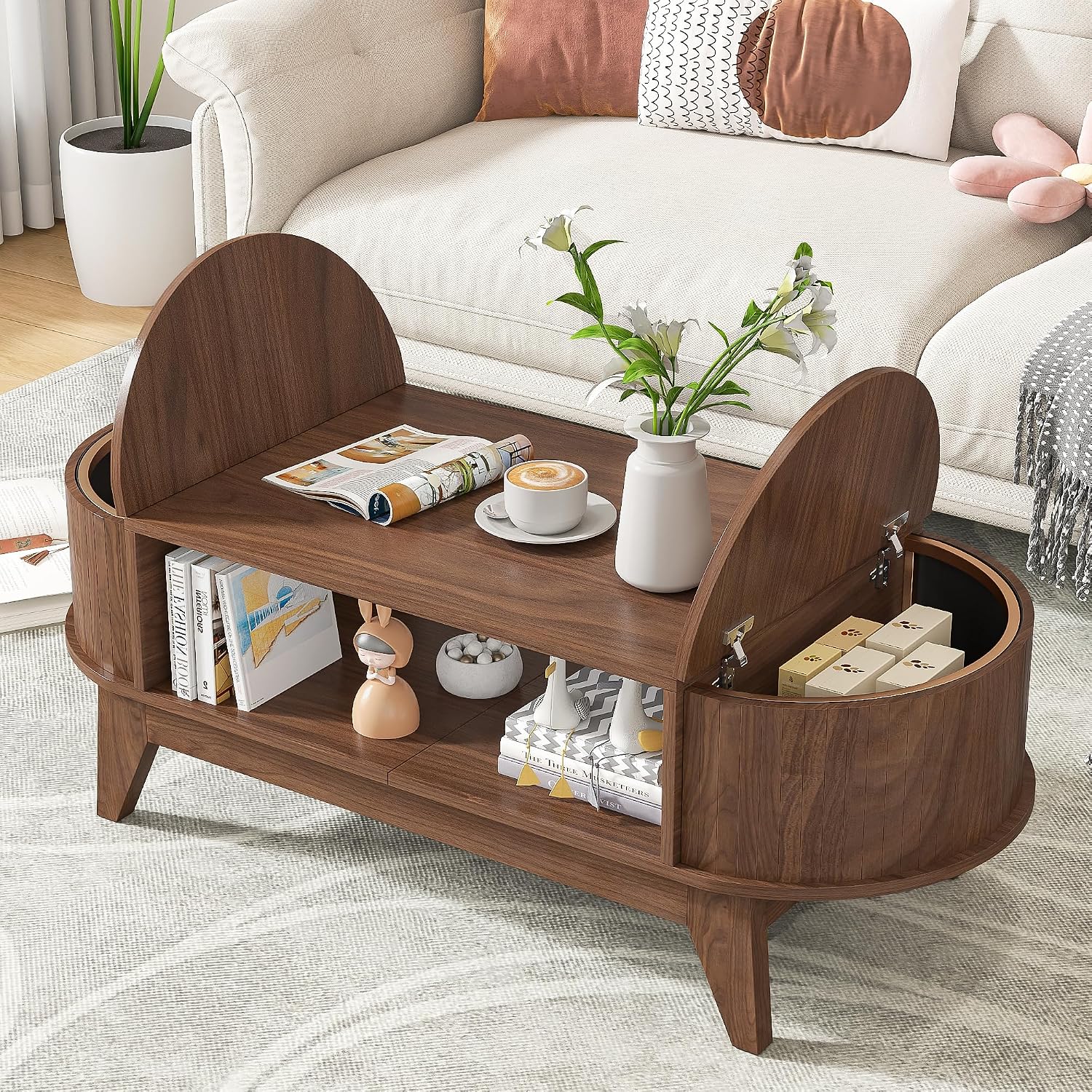 Coffee Table with Storage,Mid Century Modern Coffee Tables with 2 Flip-Top Hidden Lids,Fluted Coffee Table,Wood Center Tables for Living Room Home Office (Walnut Color)