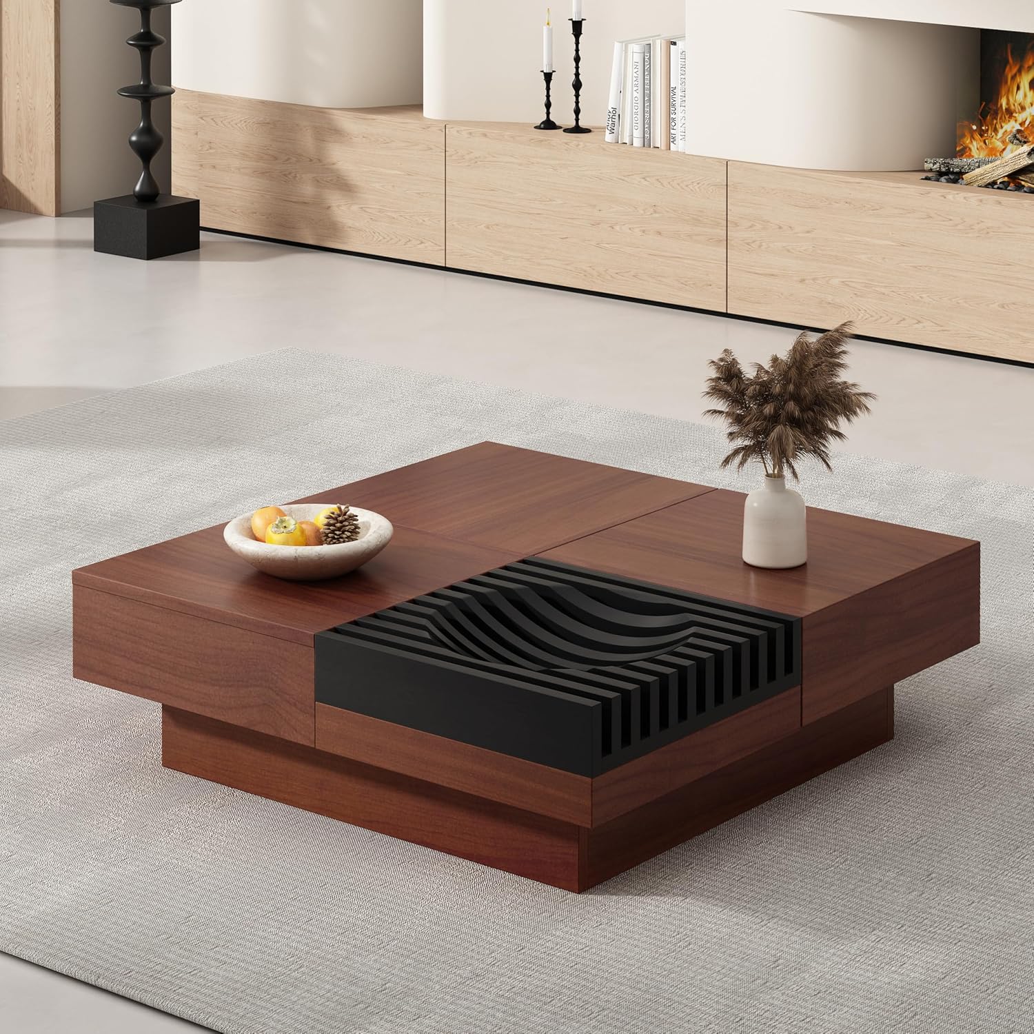 Merax 35'' Square Acacia Wood Coffee Table with Sliding Top & Ample Storage, Vintage and Sturdy, Natural Grain Patterns for Living Room Apartment, Brown+Black