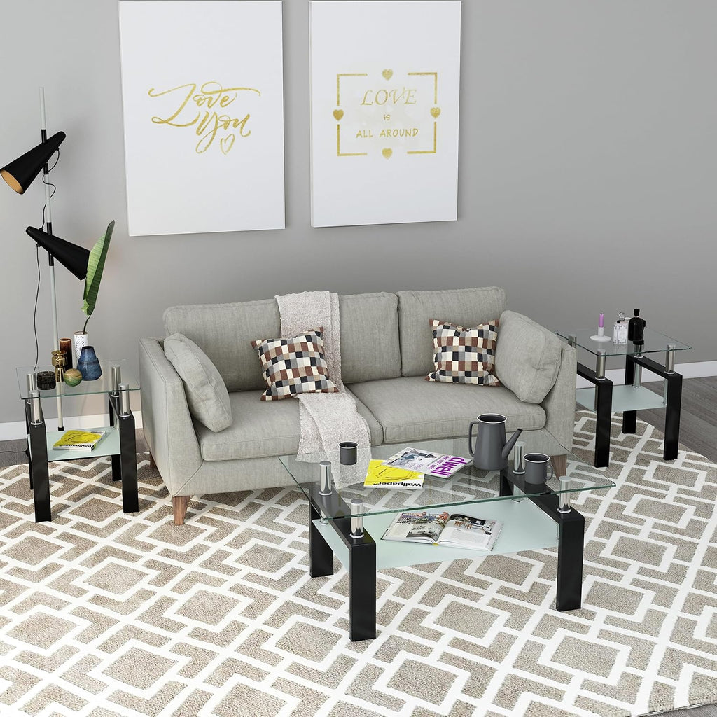 Living Room Tables Set,3 Piece Glass Coffee Table and End Tables Set for Living Room, Coffee Table Set with Tempered Glass Tabletop and Metal Frame for Apartment, Small Space, Black