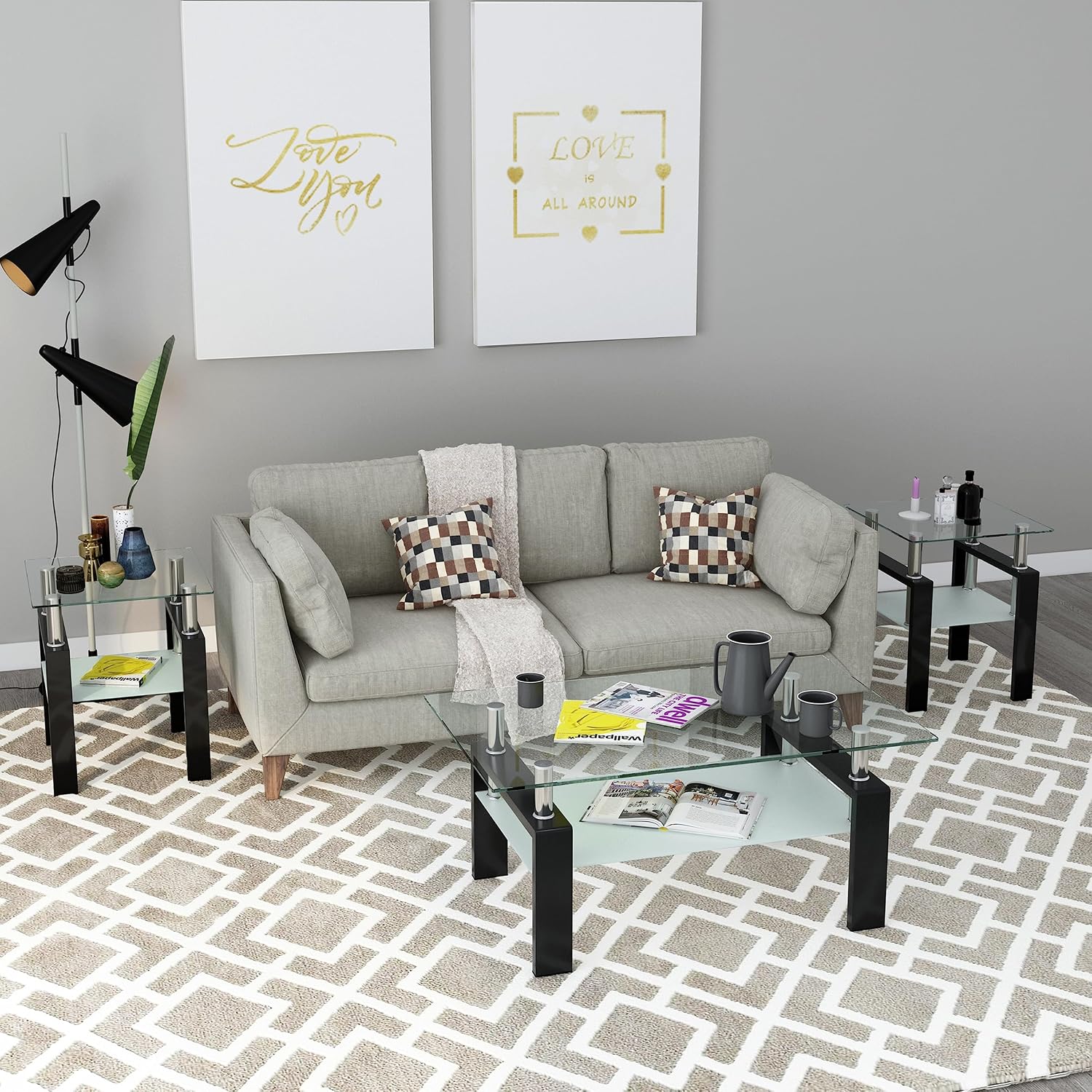 Living Room Tables Set,3 Piece Glass Coffee Table and End Tables Set for Living Room, Coffee Table Set with Tempered Glass Tabletop and Metal Frame for Apartment, Small Space, Black