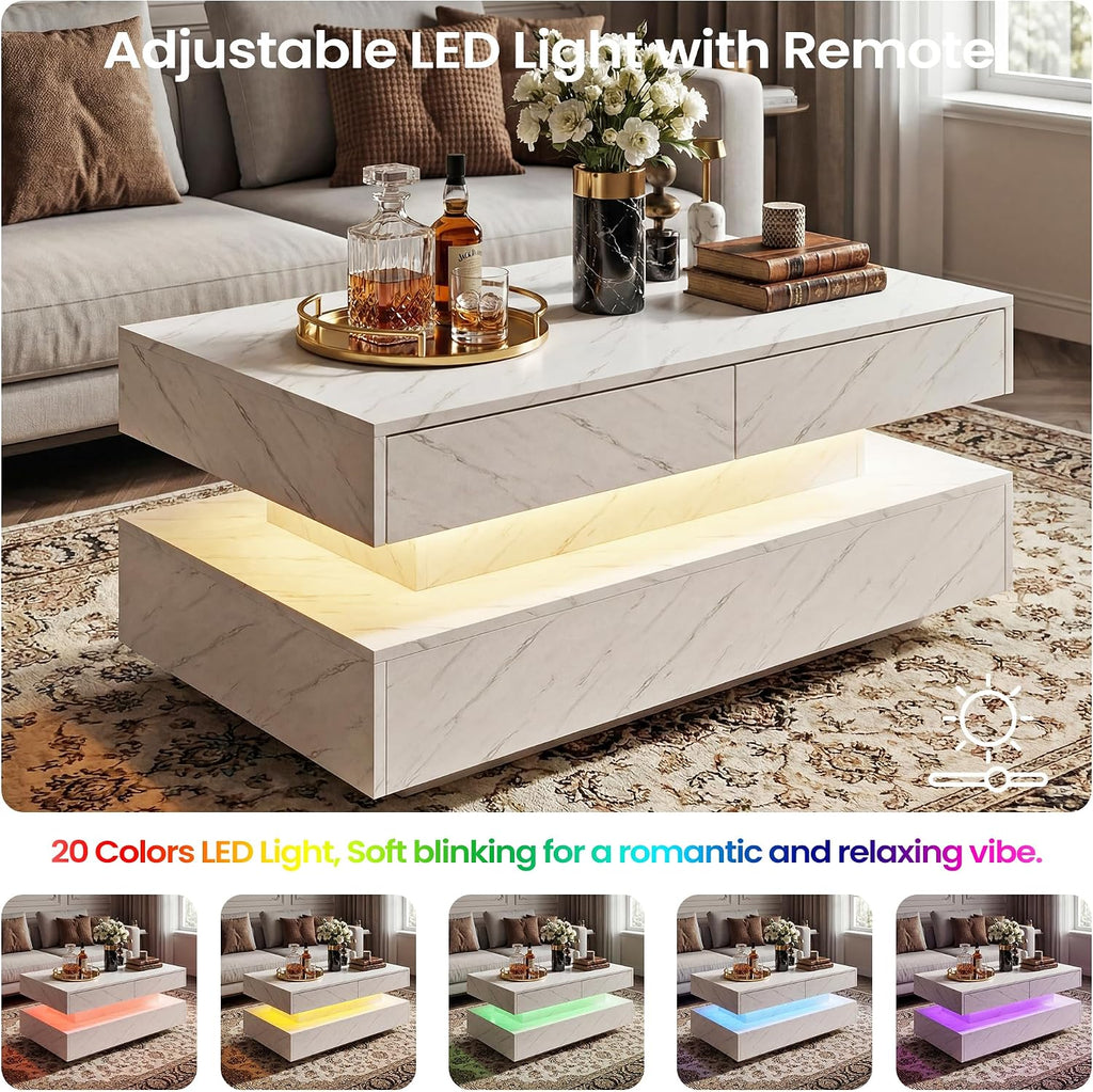 Coffee Table for Living Room, Modern Coffee Table with 2 Storage Drawers, 2 Tier Center Table Wood Coffee Tables with 20 Colors LED Lights, Mesa de Centro para Sala (White)