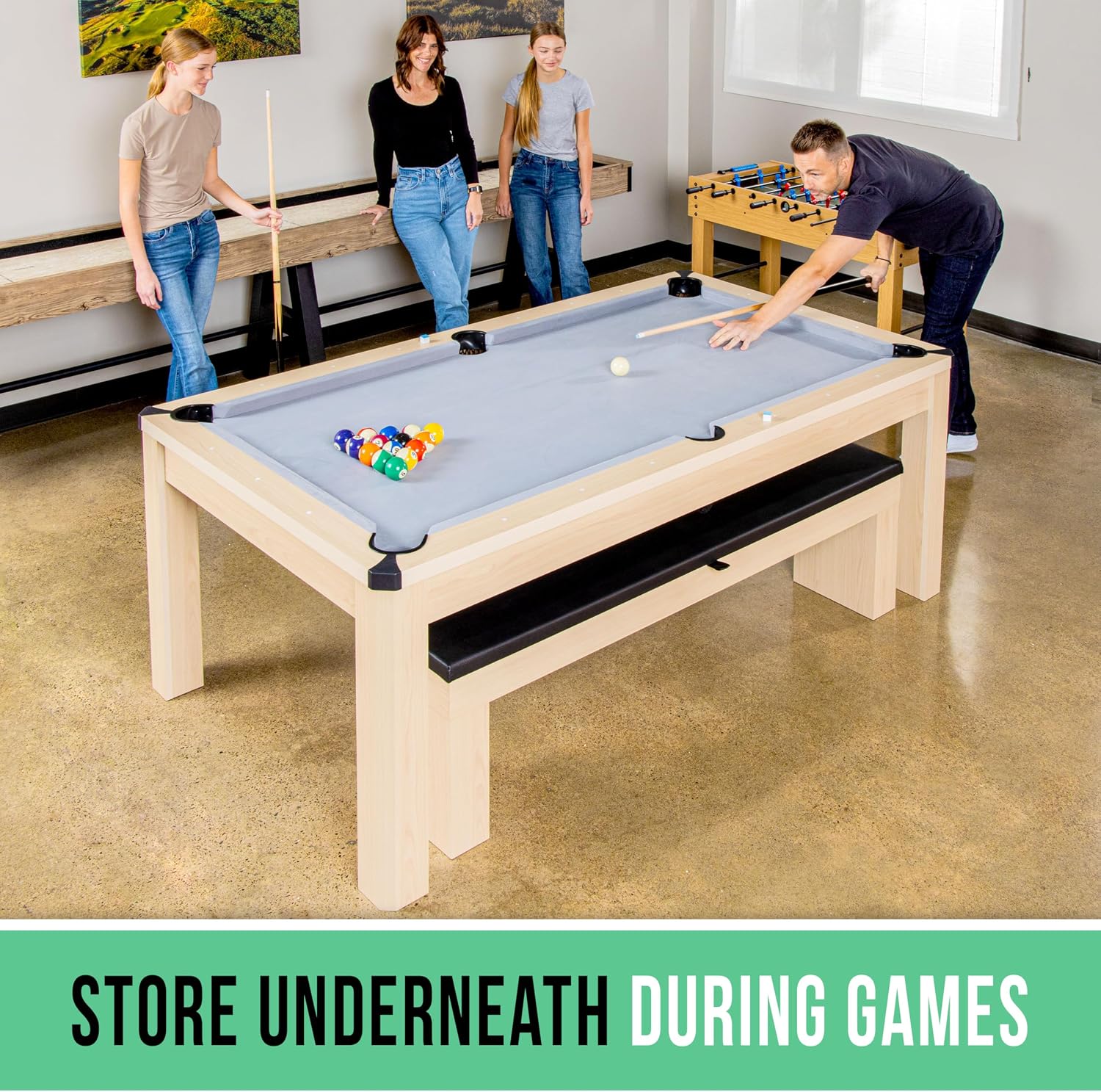 GoSports 3 in 1 Pool, Dining, & Table Tennis Combo Table and Storage Benches - 7 ft or 8 ft - Convertible Billiards and Table Tennis with Accessories