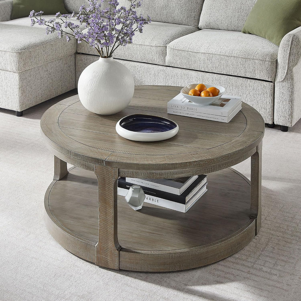 WILLIAMSPACE 40' Round Coffee Table with Wheels, Circle 2 Tier Solid Wood Center Coffee Table, Mid Century Retro Farmhouse Rounded End Table for Living Room Apartment, ø40 x 17.52' H (Light Brown)