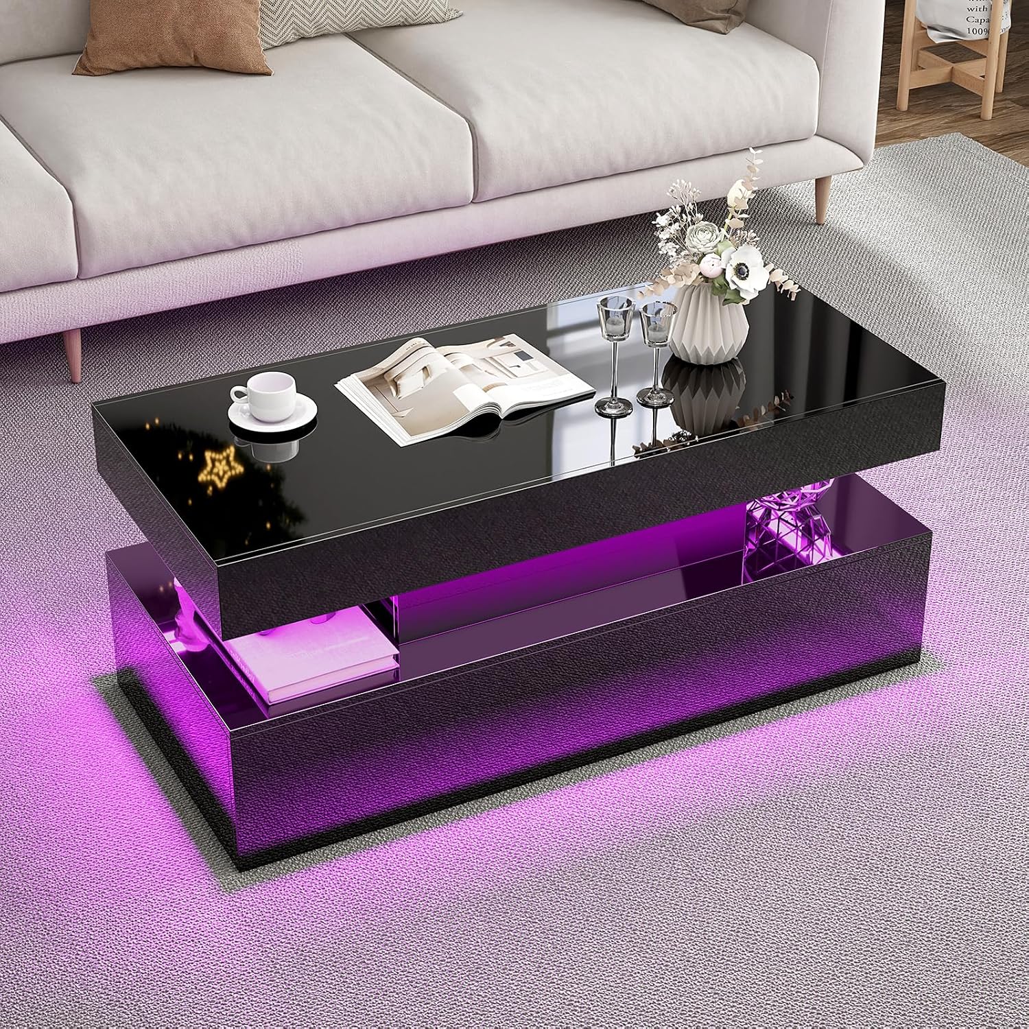 VanAcc 4-Piece Living Room Table Set, 70' Fireplace TV Stand with High Gloss Doors, Modern Coffee Table, LED Light End Table, High Glossy Table Sets for Living Room, Black