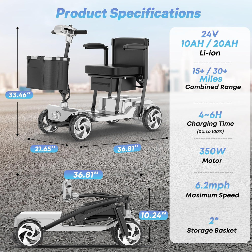 Mobility Scooters, Lightweight Electric Scooters for Seniors&Adults | 49lb Aluminum Frame with Removable Battery, Foldable Motorized Scooters for Trips, Shopping, Daily Use, Bright Silver, 10 Ah