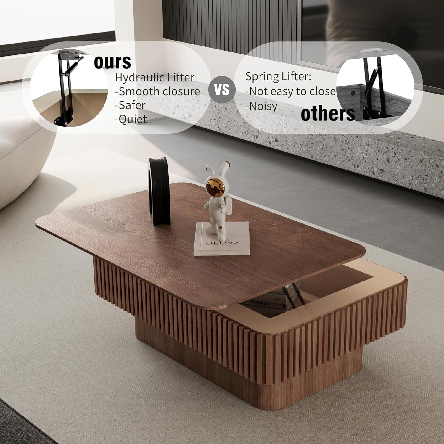 38.6'' Lift-top Coffee Table Solid Wood Veneered Center Table Rectangular Fluted Table with Storage and Adjustable Height for Living Room Apartment Office, Walnut