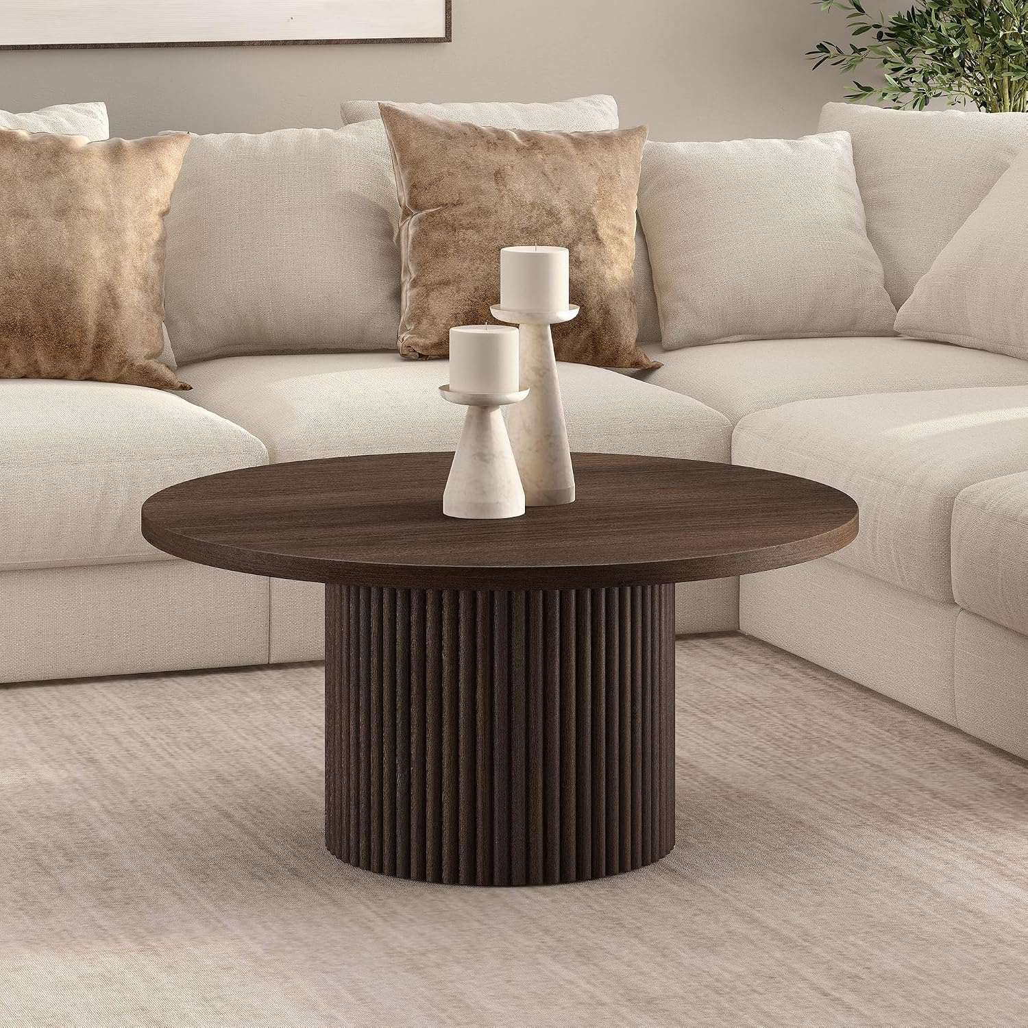 Henn&Hart 32' Fluted Round Pedestal Low-Profile Coffee Table for Living Room, Family Room, Office, or Apartment, Heritage Oak