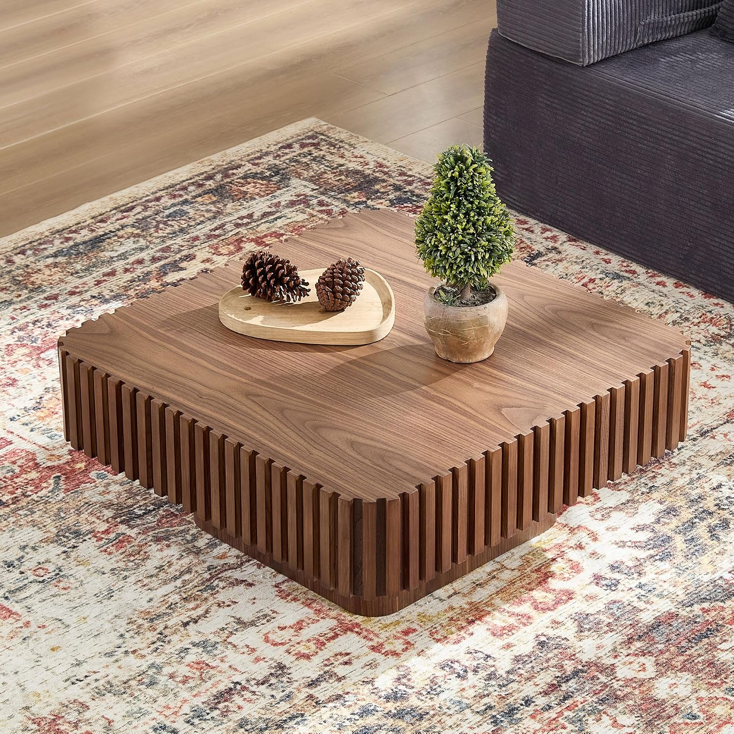 JUSTONE 35-inch Mid-Century Modern Drum Coffee Table, Handcrafted Wood Round Center Table for Living Room, Home Office, Walnut