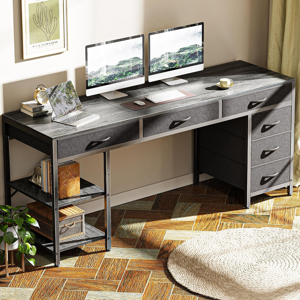 Huuger Computer Desk with 6 Drawers, Office Desk with Shelves, Reversible Gaming Desk, Corner Desk with Storage, Work for Home Office, Study, Living Room, 63inch, Grey