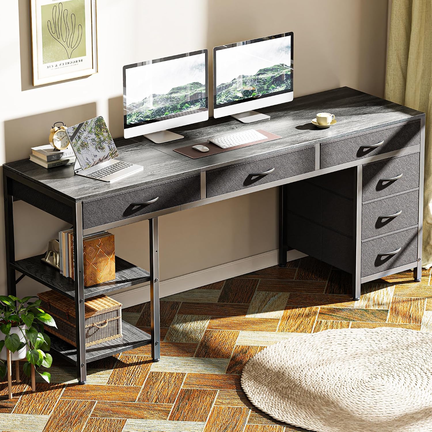 Huuger Computer Desk with 6 Drawers, Office Desk with Shelves, Reversible Gaming Desk, Corner Desk with Storage, Work for Home Office, Study, Living Room, 63inch, Grey