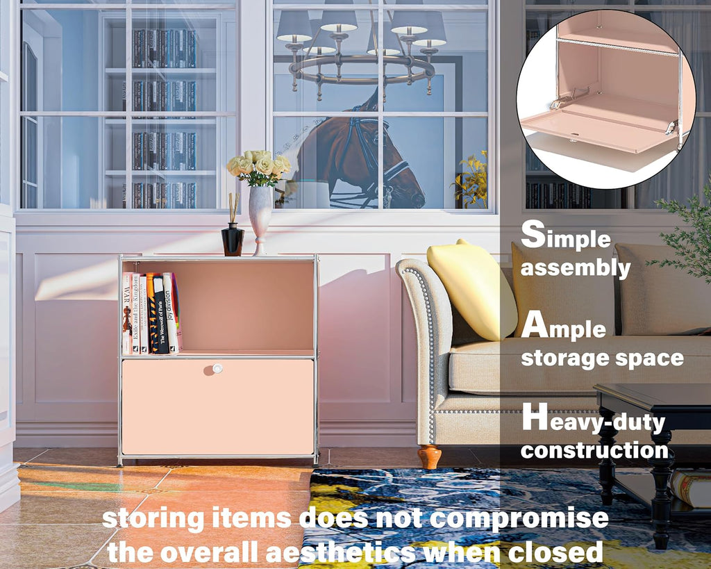 32.5-Inch Flip-Top Storage Cabinet with Detachable Wheels, Metal Side Table and Small Sideboard Cabinet for Living Room, Bedroom, Office, Orange