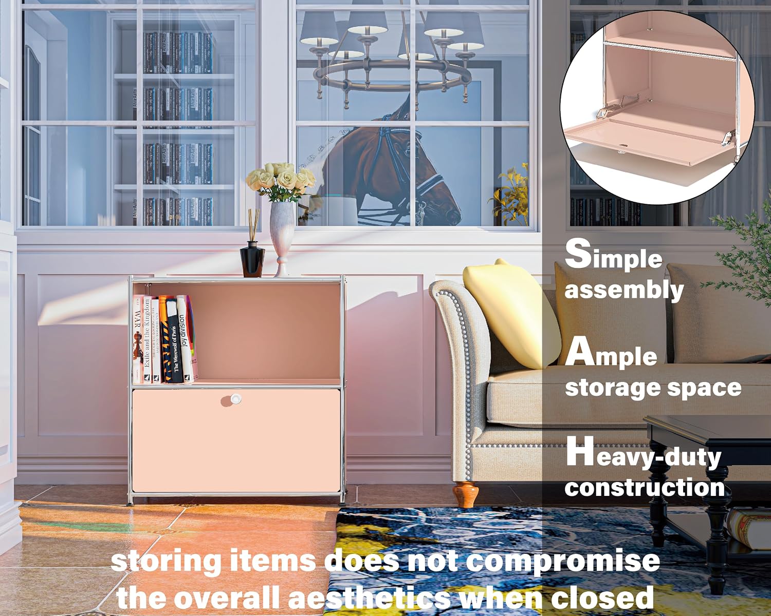 32.5-Inch Flip-Top Storage Cabinet with Detachable Wheels, Metal Side Table and Small Sideboard Cabinet for Living Room, Bedroom, Office, Orange