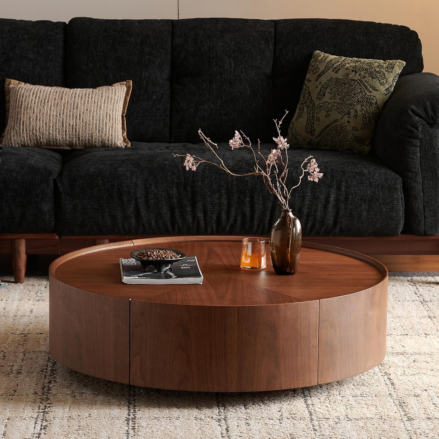 WILLIAMSPACE 35.43' Round Coffee Table with 2 Drawers Storage, Modern Circle Drum Center Table Tea Table for Living Room Apartment, No Need Assembly - Walnut