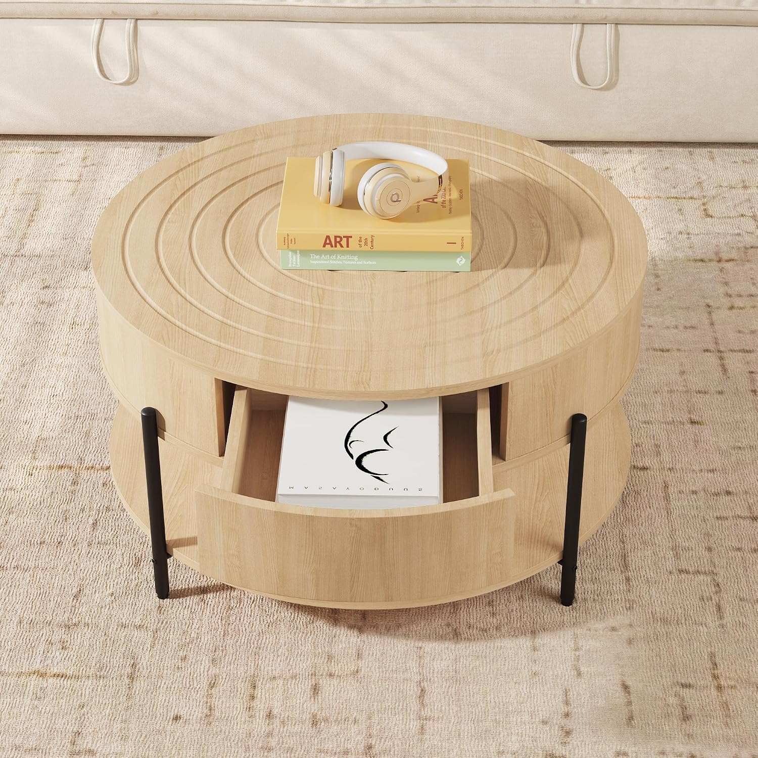 RARZOE 30.5' Round Coffee Table with Storage, Wooden Circle Coffee Table with Drawer, Storage Shelf, Metal Legs，Small Dining Table Accent Center Table for Living Room Home Office Apartment,Natural