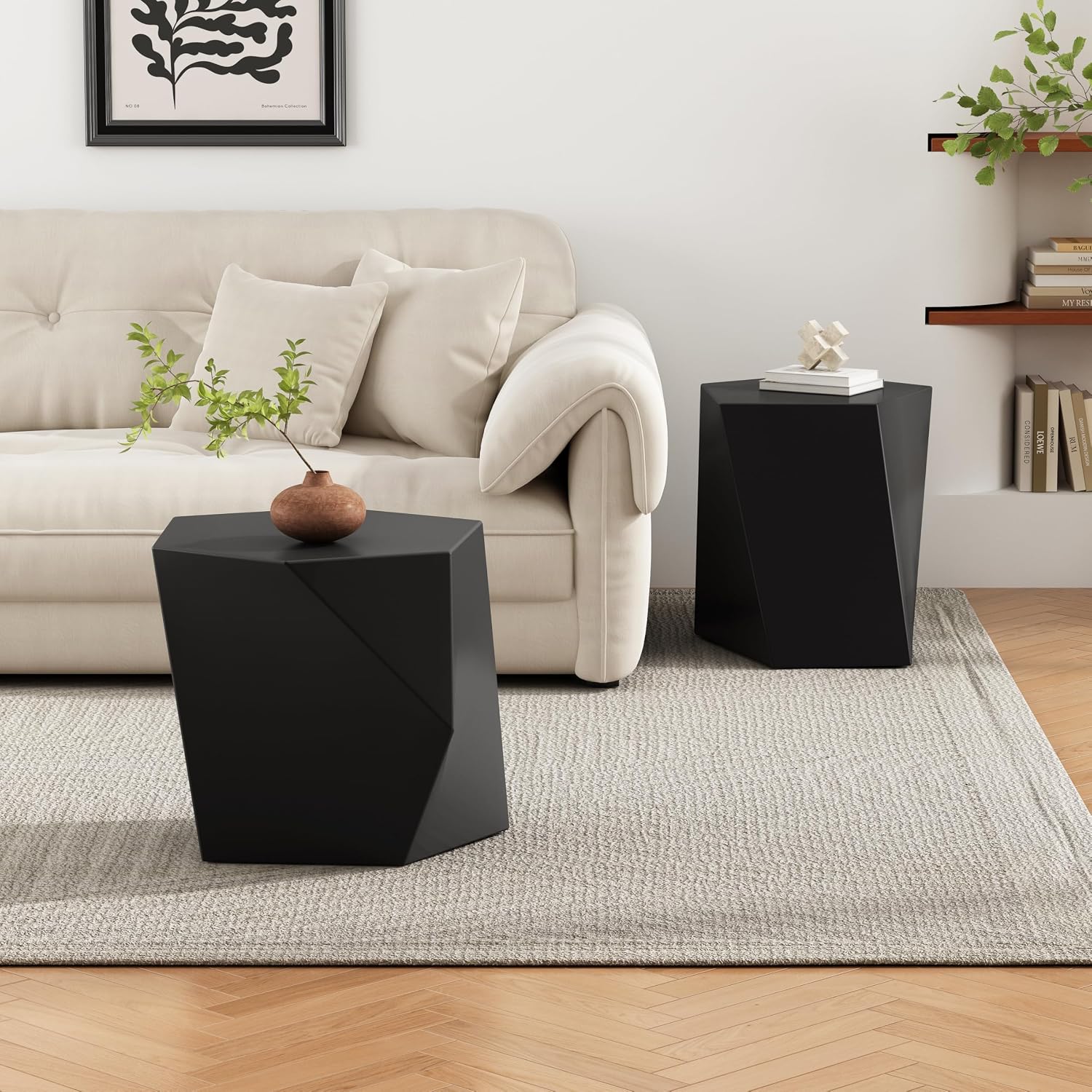 Merax Modern Mgo Coffee Table Set, 2 Piece Geometric Side Table Includes 1 Pentagon-Topped Table & 1 Hexagon-Topped Table for Living Room Office, Black