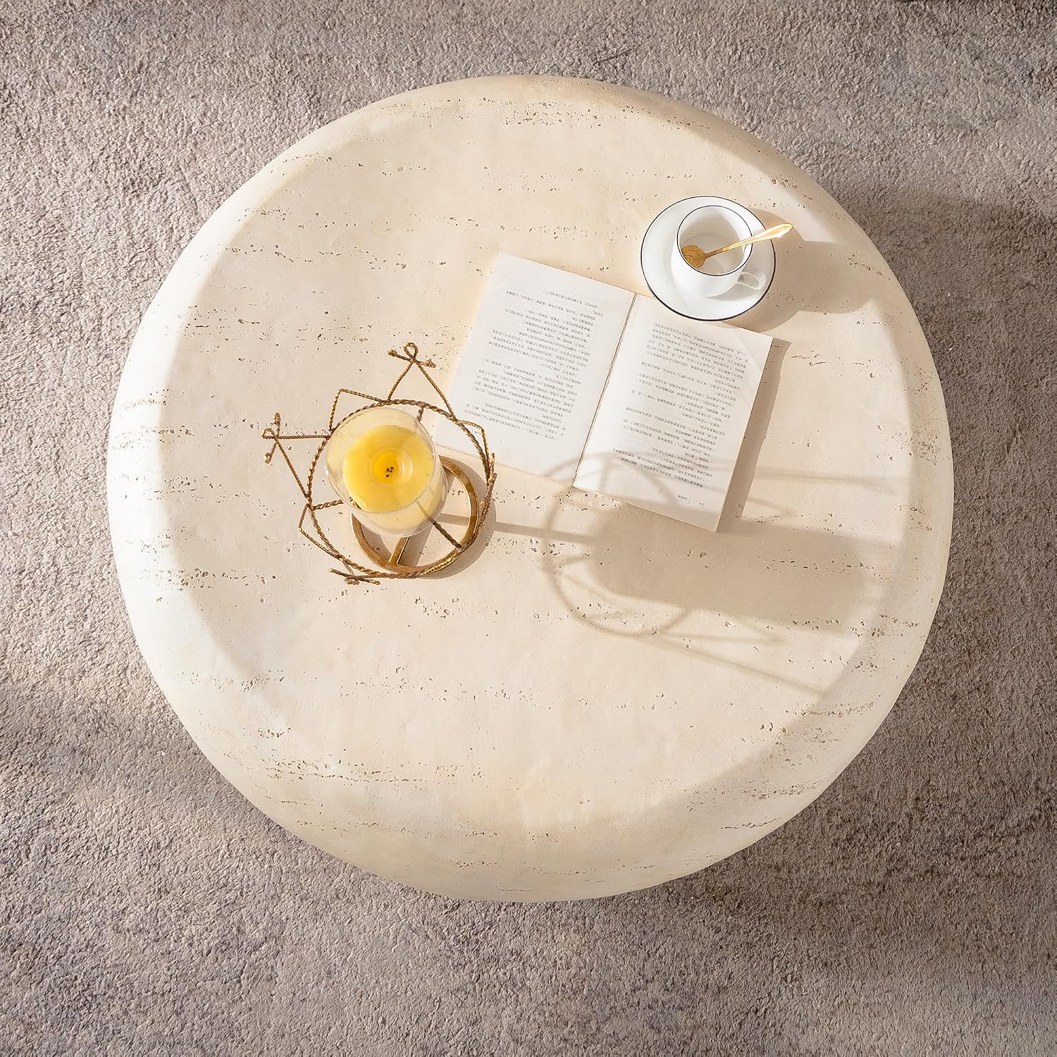 35.43' Round MgO Coffee Table for Living Room, Mid-Century Modern Vintage Faux Stone Circle Center SideTable for Living Room No Assembly, Beige