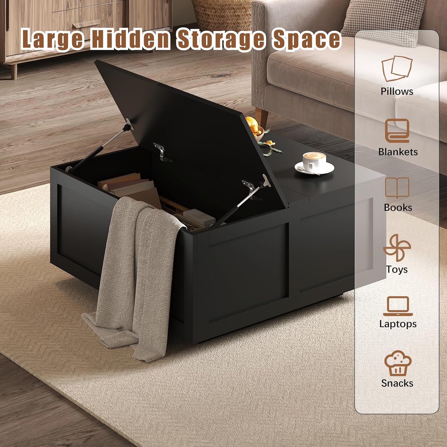 HedoAjim Lift Top Coffee Table with Storage, 31.5' Square Black Coffee Table with Large Hidden Storage, Wood Living Room Table Center Table for Living Room Dining Reception Room