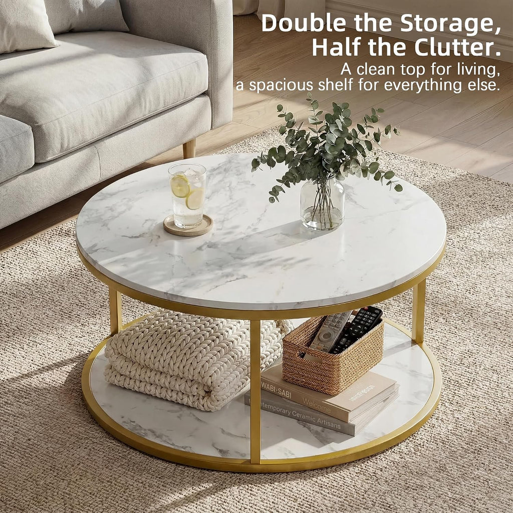 YESHOMY 36' Round Coffee Table, 2-Tier Wood Center Table with Storage Shelf, Heavy-Duty Metal Frame, Easy Assembly, Ideal for Living Room & Small Spaces, Black