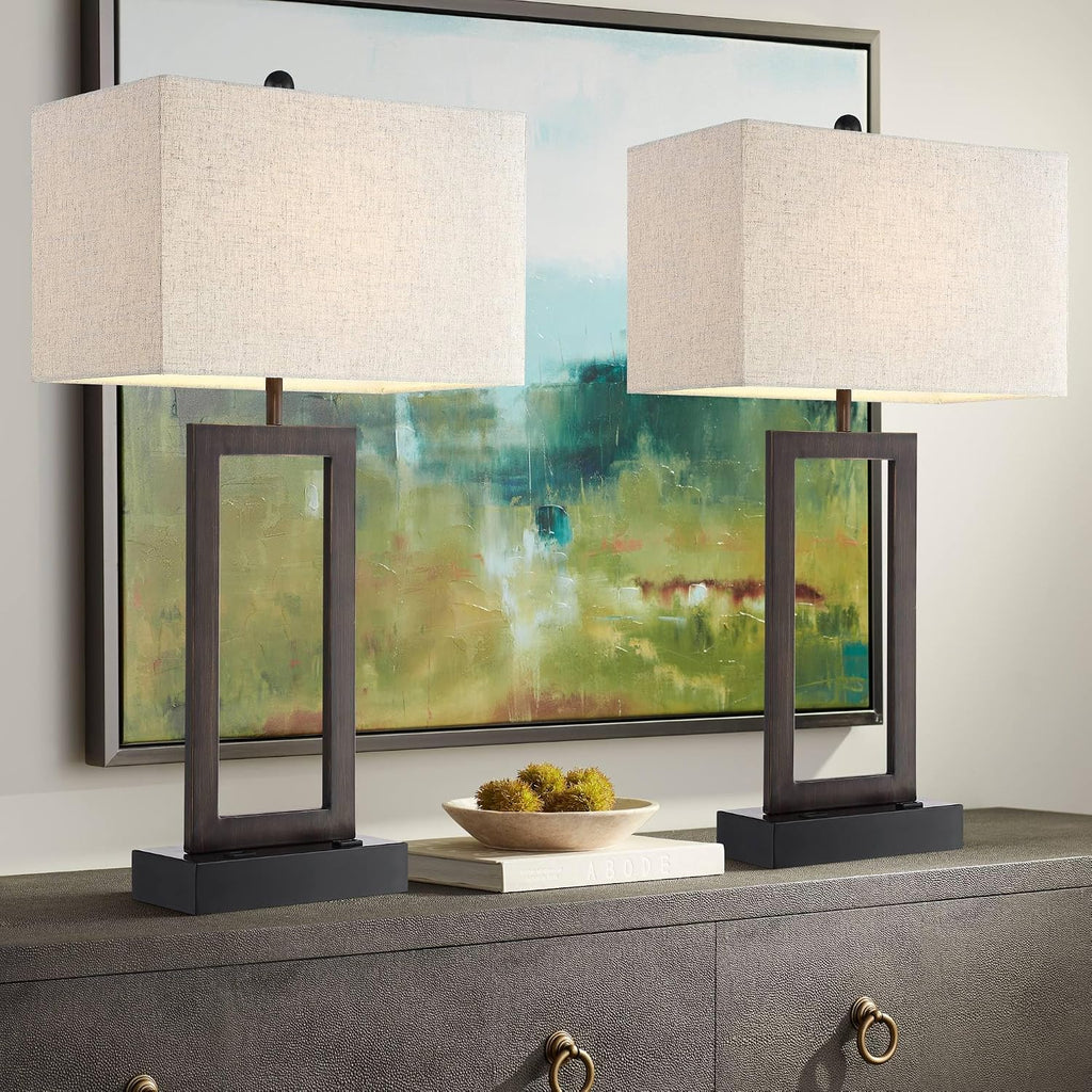 360 Lighting Todd Modern Table Lamps Set of 2 with USB and AC Power Outlet in Base 30' Tall Bronze Metal Oatmeal Fabric Rectangular Shade for Bedroom Living Room Bedside Nightstand House