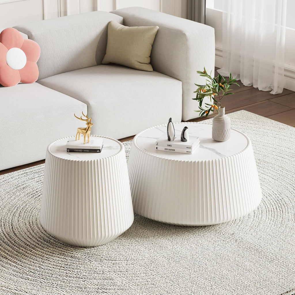 Round Coffee Table Set with Sintered Stone Tabletop, 26.77' White Drum Center Table and 19.68' White Coffee Table Set, 2 Pieces Living Room Table Set with Fluted PU Leather Cover& Stable Base