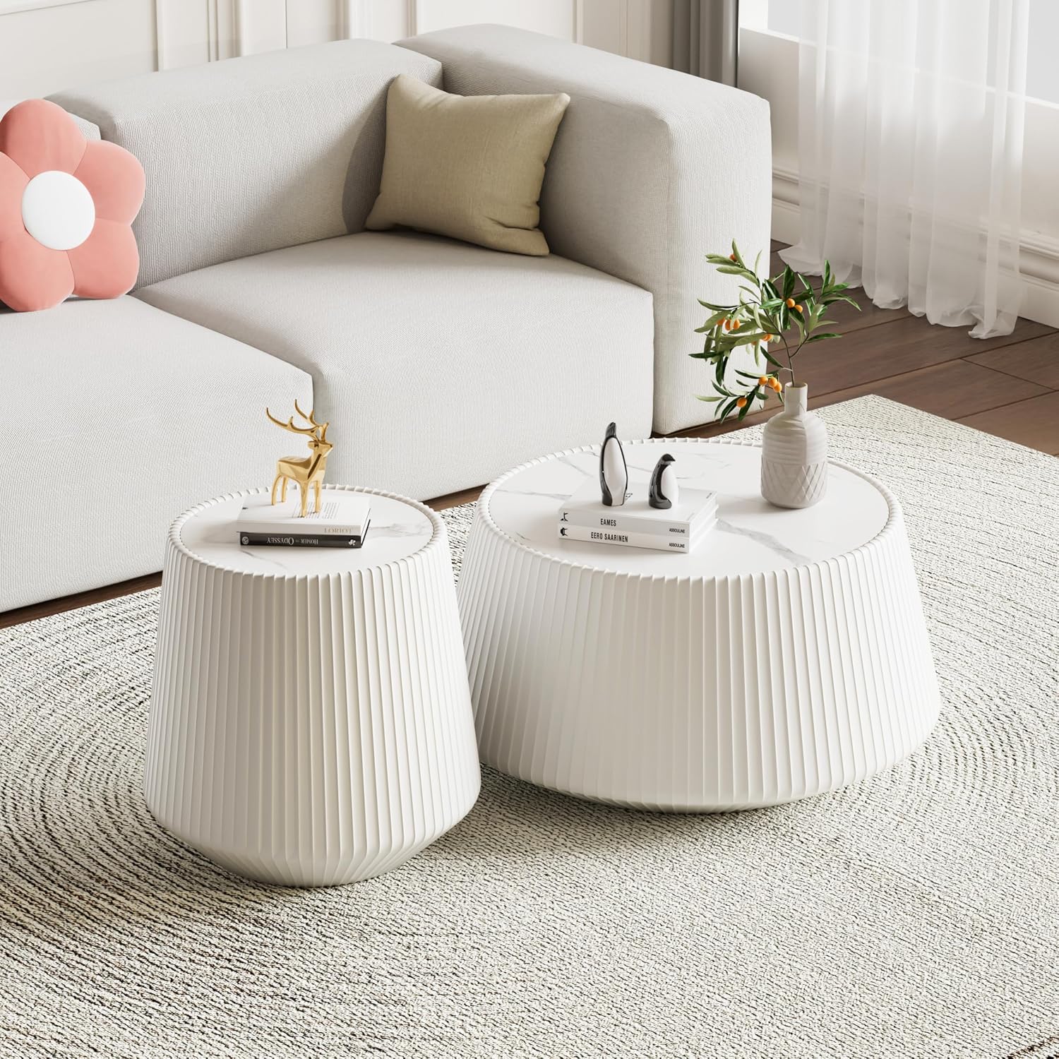Round Coffee Table Set with Sintered Stone Tabletop, 26.77' White Drum Center Table and 19.68' White Coffee Table Set, 2 Pieces Living Room Table Set with Fluted PU Leather Cover& Stable Base