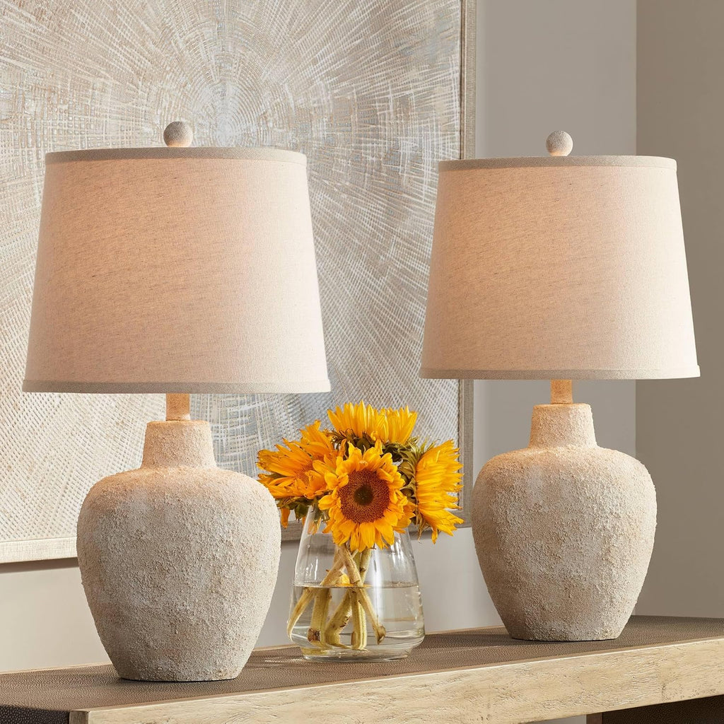 360 Lighting Romeo 23 1/2' High Jar Small Farmhouse Rustic Natural Cottage Coastal Accent Table Lamps Set of 2 Beige Distressed Earth Tone Finish Shade Living Room Bedroom Bedside Nightstand