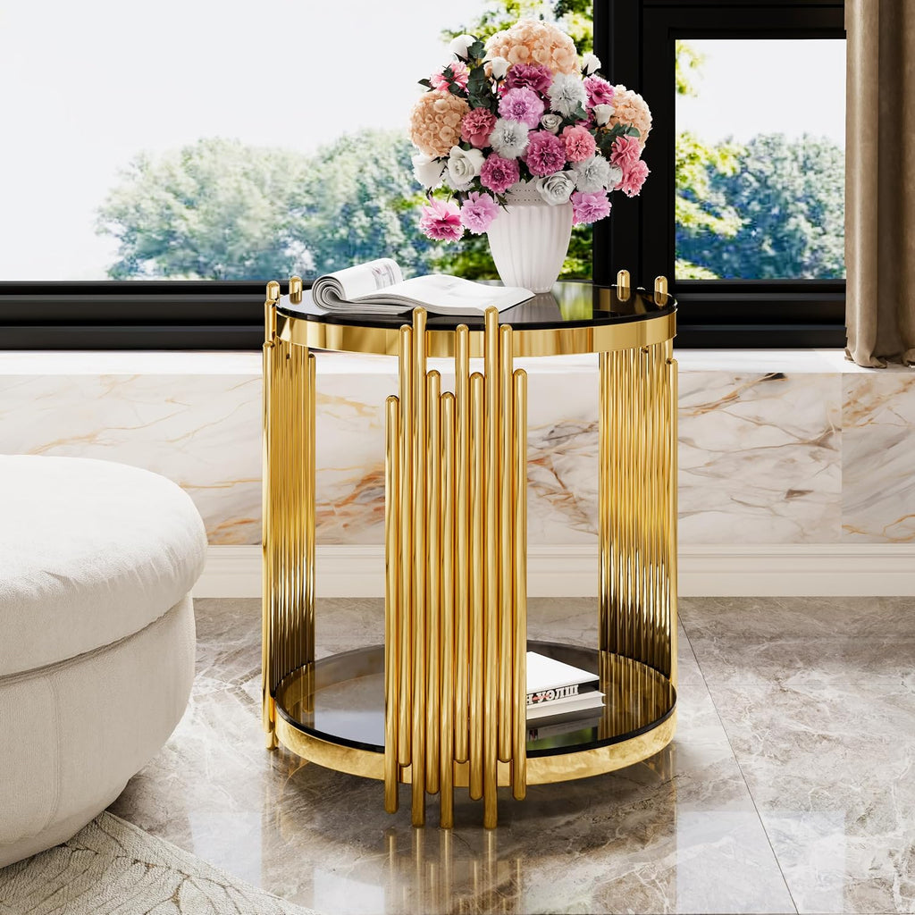 Merax Round Table Set of 3, with 1 Coffee Table & 2 End Tables, Black Mirror, Asymmetrical Metal, Gold Finish & Lower Shelf, for Living Room Apartment, Black