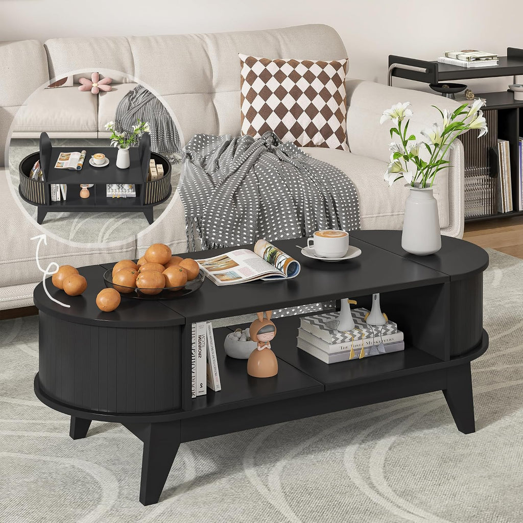 Coffee Table with 2 Hidden Storage,Mid Century Modern Coffee Table with Fluted Finish,Wood Center Tables Oval Coffee Tables with Flip-Top Lids for Living Room Home Office (Black)