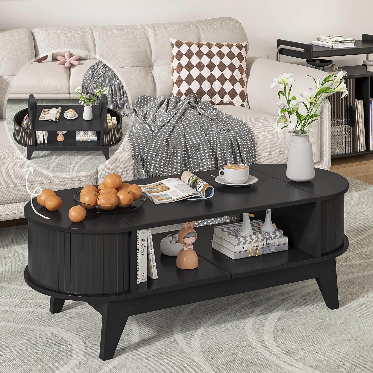 Coffee Table with 2 Hidden Storage,Mid Century Modern Coffee Table with Fluted Finish,Wood Center Tables Oval Coffee Tables with Flip-Top Lids for Living Room Home Office (Black)