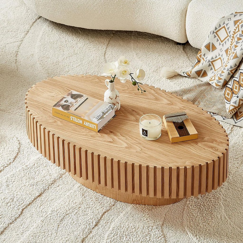 JUSTONE 43.31 Inch Oval Coffee Table, Farmhouse Wood Farmhouse Style with Handcrafted Relief & Circle Drum Design for Living Room & Apartments, 43.31x13.78 Inches (Oak)