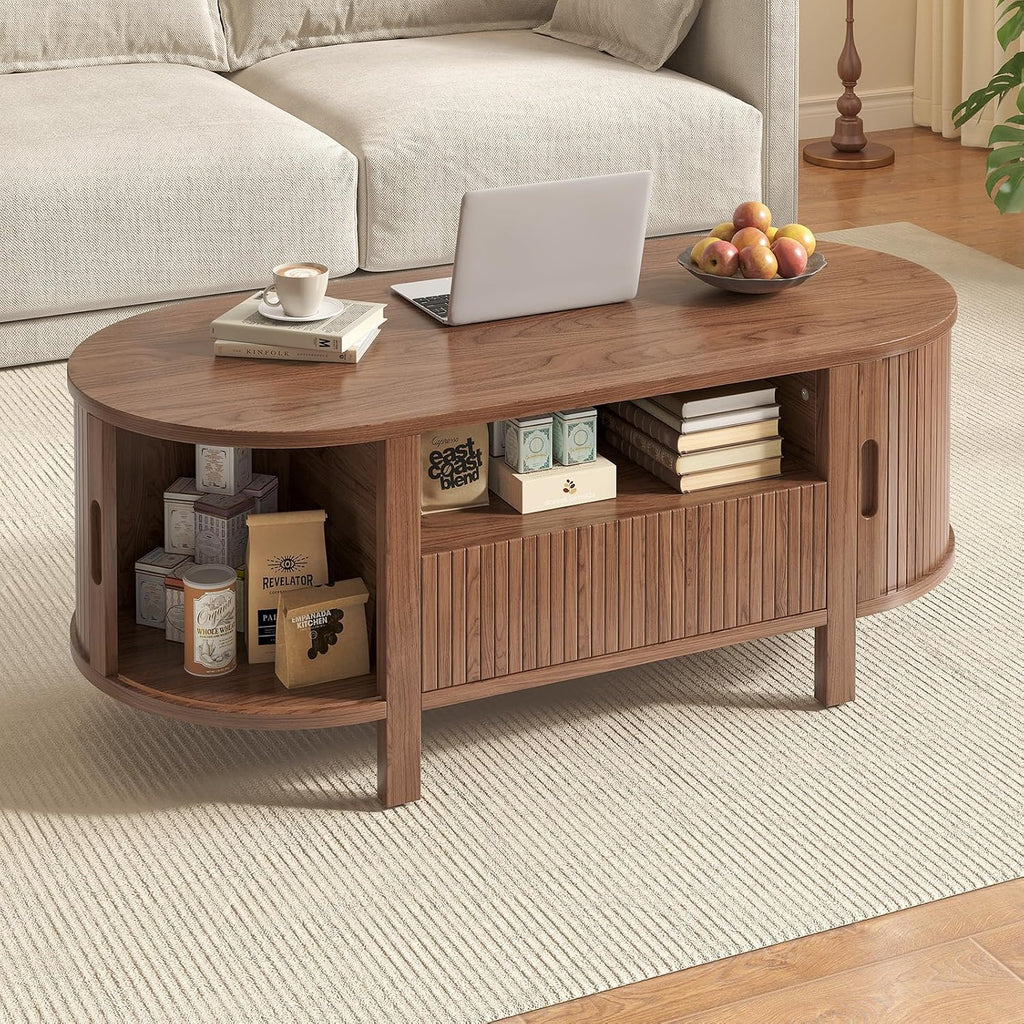 47.2' Fluted Coffee Table, Oval Coffee Table with 1 Drawer and 1 Open Shelf, Mid-Century Modern Center Tables with Storage and Sliding Doors, Coffee Tables for Living Room, Walnut