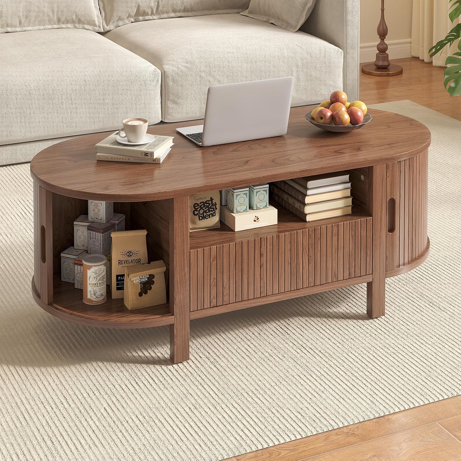 47.2' Fluted Coffee Table, Oval Coffee Table with 1 Drawer and 1 Open Shelf, Mid-Century Modern Center Tables with Storage and Sliding Doors, Coffee Tables for Living Room, Walnut