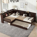 Double Twin Size Daybed with Trundle and Drawers, L Shaped Corner Bed with Storage Drawers and Shelves for Living Room, Bedroom, Espresso
