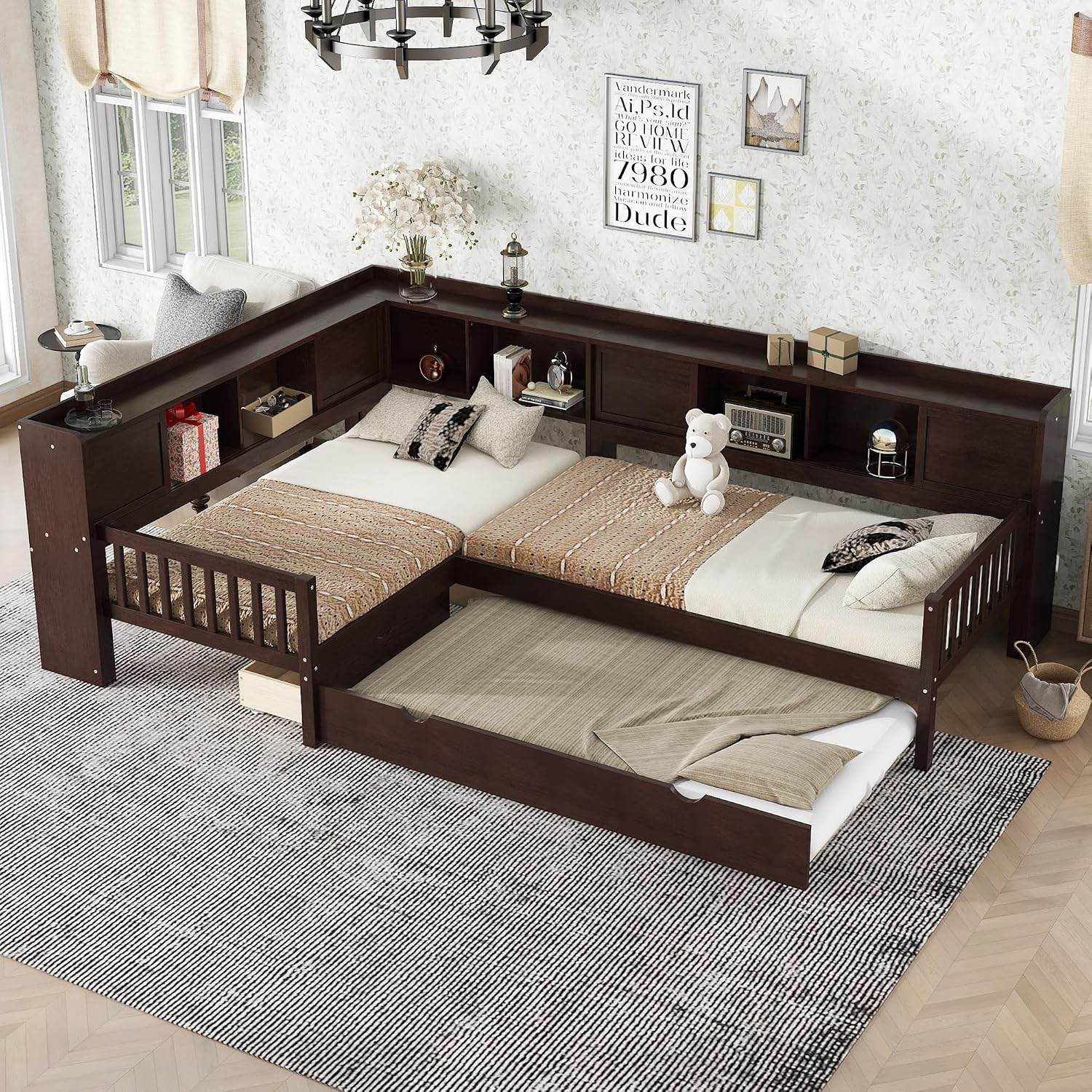 Double Twin Size Daybed with Trundle and Drawers, L Shaped Corner Bed with Storage Drawers and Shelves for Living Room, Bedroom, Espresso