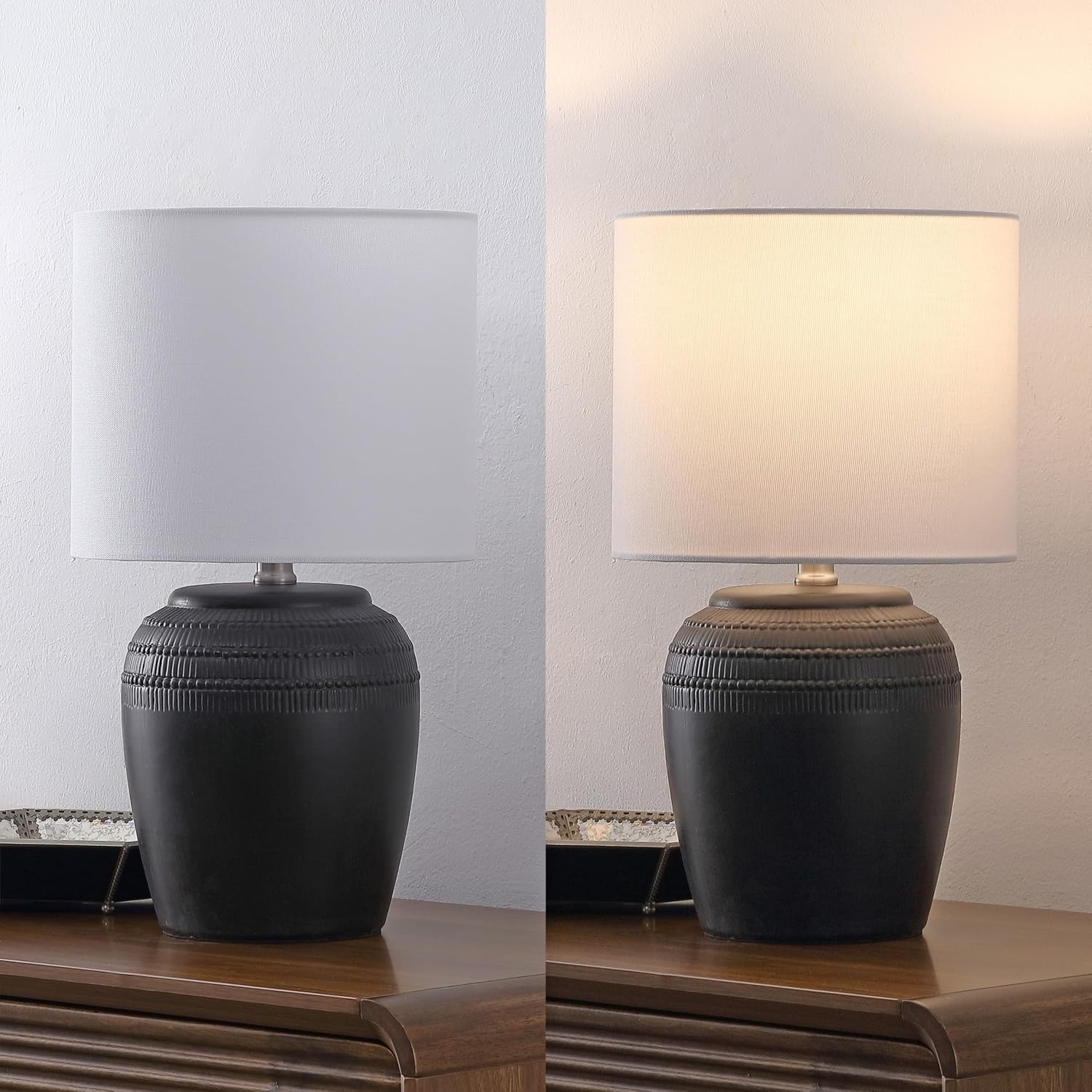 JONATHAN Y 16.75' Black/Nickel Ceramic Table Lamp Set of 2, Rustic Traditional Reeded Vase Lamps with White Linen Shade for Bedroom Living Room Decor JYL5707A-SET2