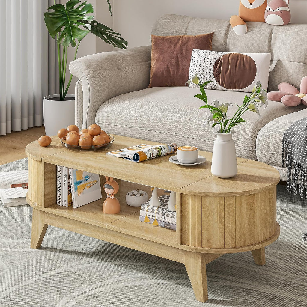 Coffee Table with 2 Hidden Storage,Mid Century Modern Coffee Table with Fluted Finish,Wood Center Tables Oval Coffee Tables with Flip-Top Lids for Living Room Home Office (Oak)