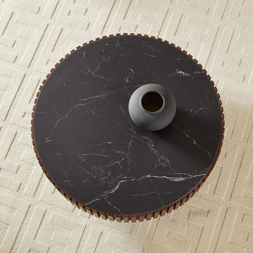 35.43'' Sintered Stone Coffee Table Black Modern Round Coffee Table for Living Room, Contemporary Circle Fluted Drum Pedestal Style, Easy Assembly, Walnut