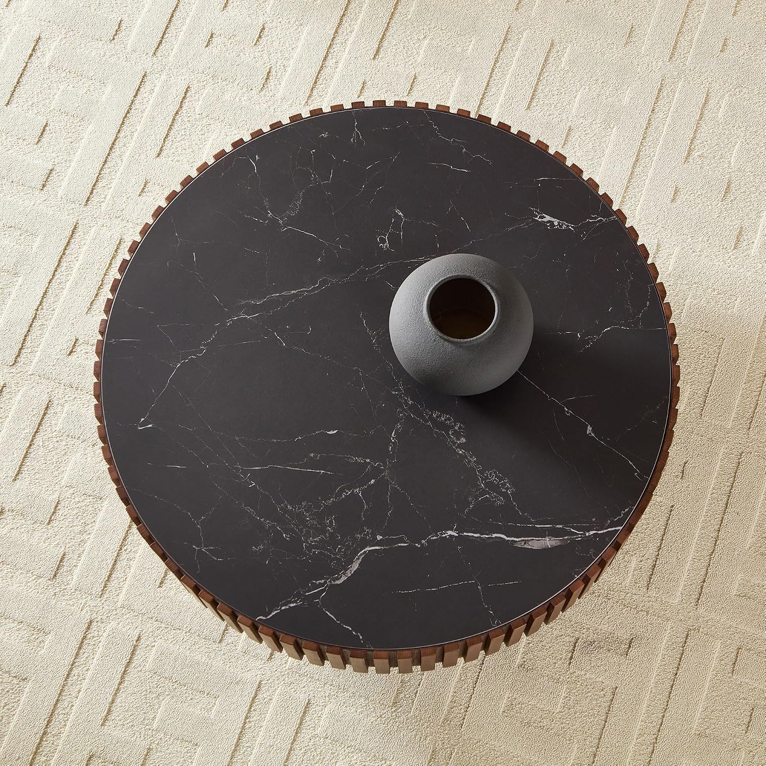 35.43'' Sintered Stone Coffee Table Black Modern Round Coffee Table for Living Room, Contemporary Circle Fluted Drum Pedestal Style, Easy Assembly, Walnut