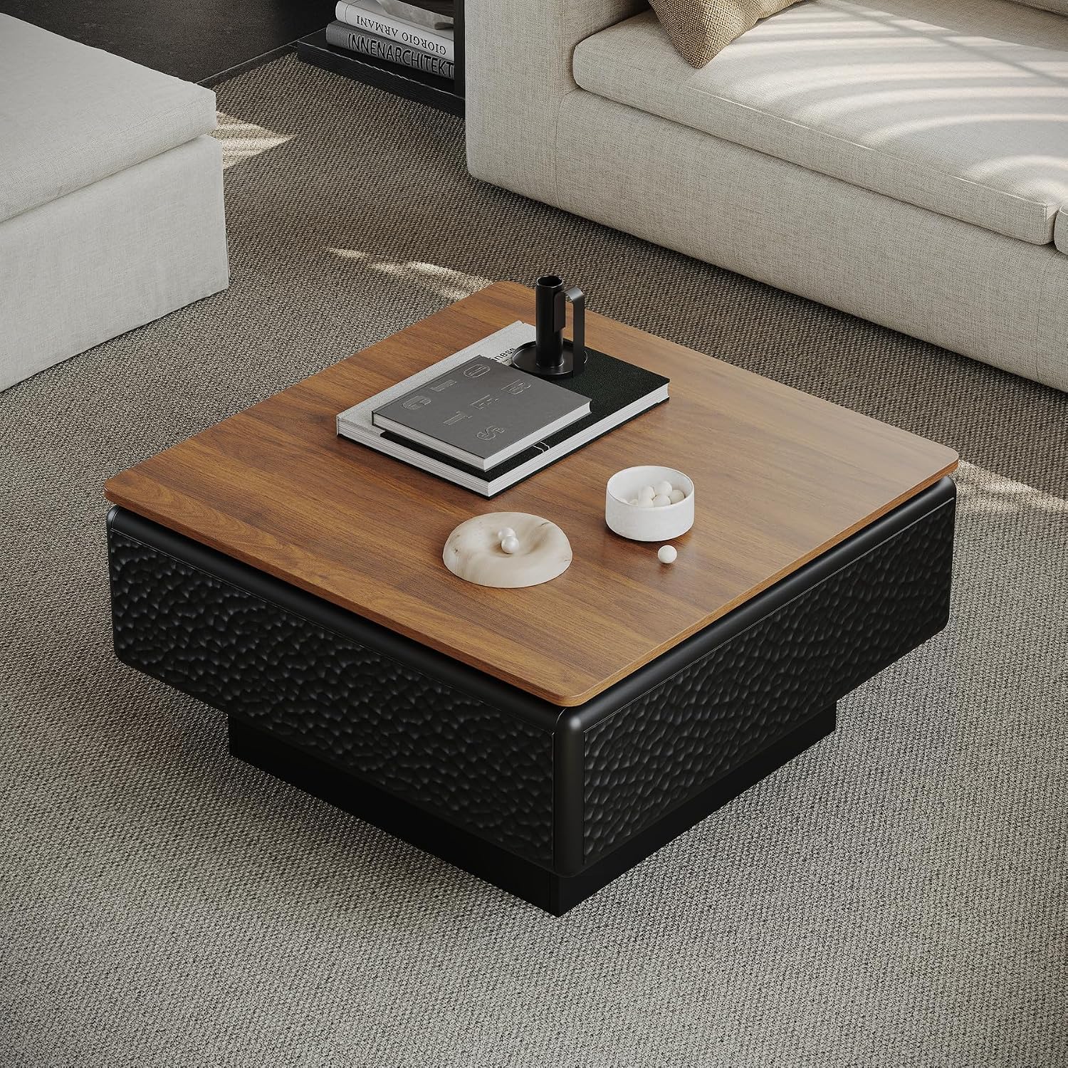 SSLine Lift-Top Coffee Table with Storage, 31.5' Square Coffee Table for Living Room Bedroom, Modern Rustic Lift Brown Wooden Top Center Tables with Hammered Texture Black Frame