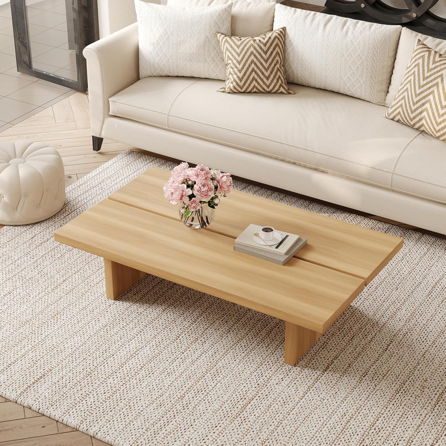 47' Rectangle Wood Coffee Table for Living Room - Minimalist Modern Coffee Tables for Living Room, Japanese Tea Table, Low Profile Center Table for Home & Office (Natural Wood Color)