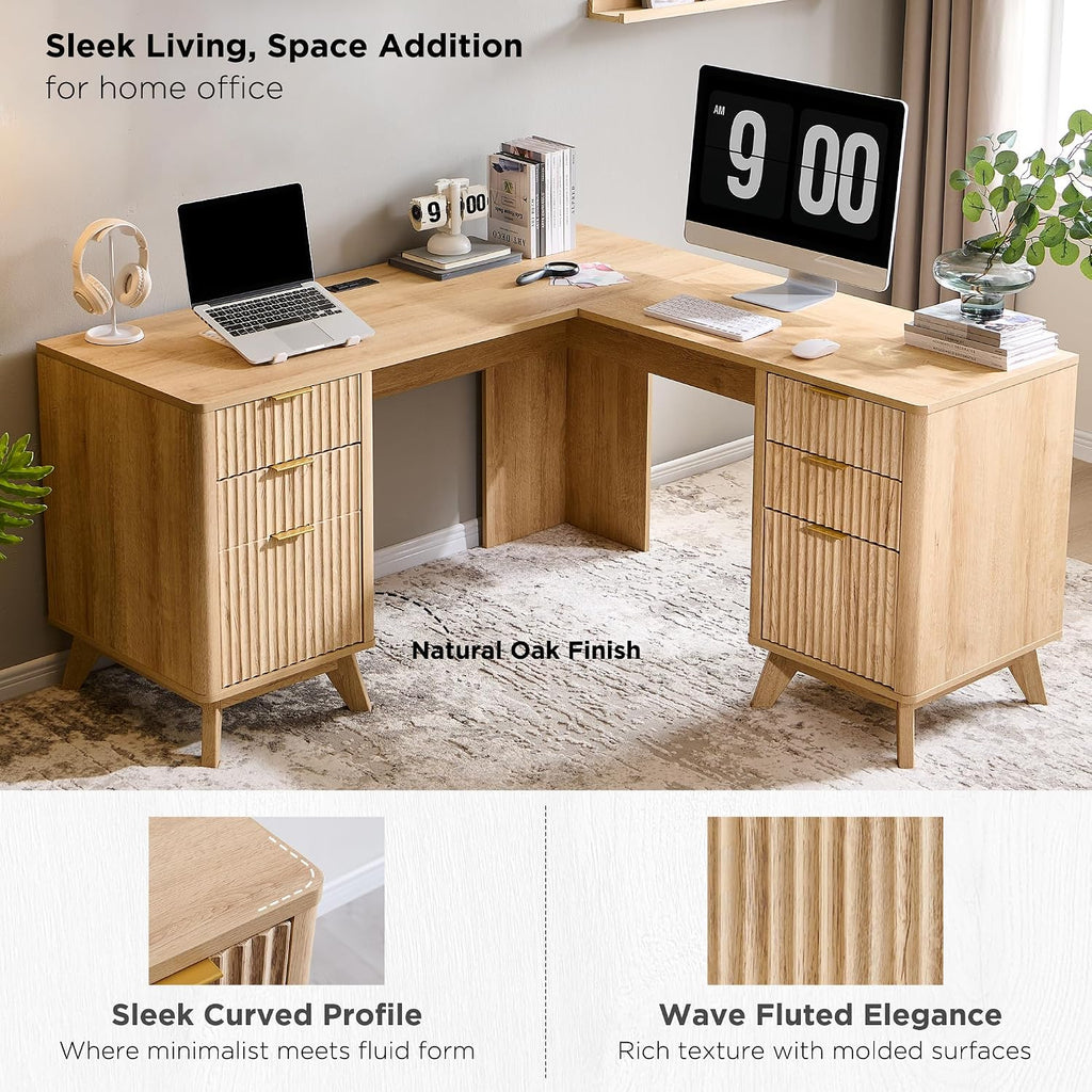 T4TREAM 60'' Fluted Executive L Shaped Desk, Modern Home Office Desk with Charging Station and File Drawer, Computer Corner Desks with Drawers & Storage Cabinet for Office Home, Bedroom, Natural Oak