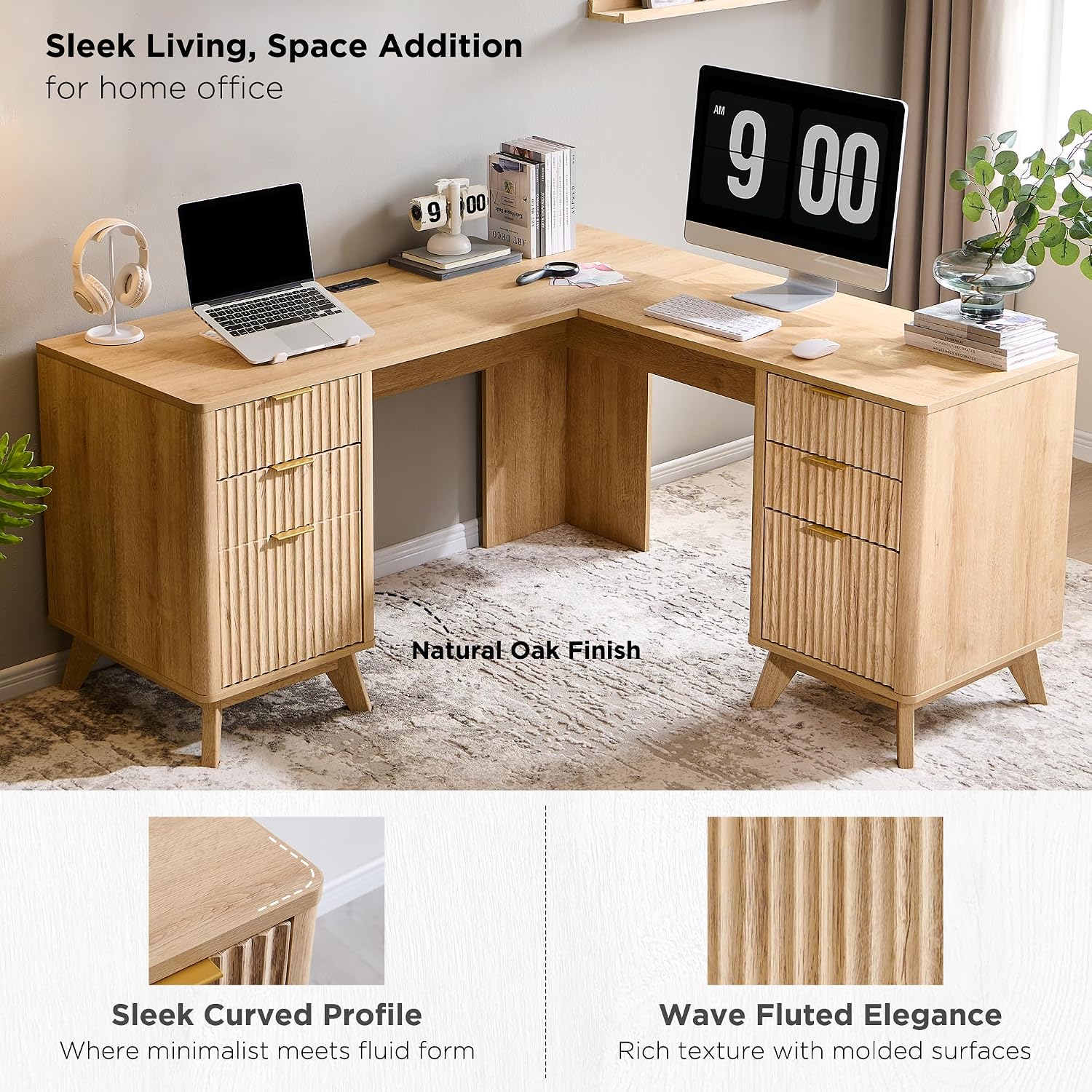T4TREAM 60'' Fluted Executive L Shaped Desk, Modern Home Office Desk with Charging Station and File Drawer, Computer Corner Desks with Drawers & Storage Cabinet for Office Home, Bedroom, Natural Oak