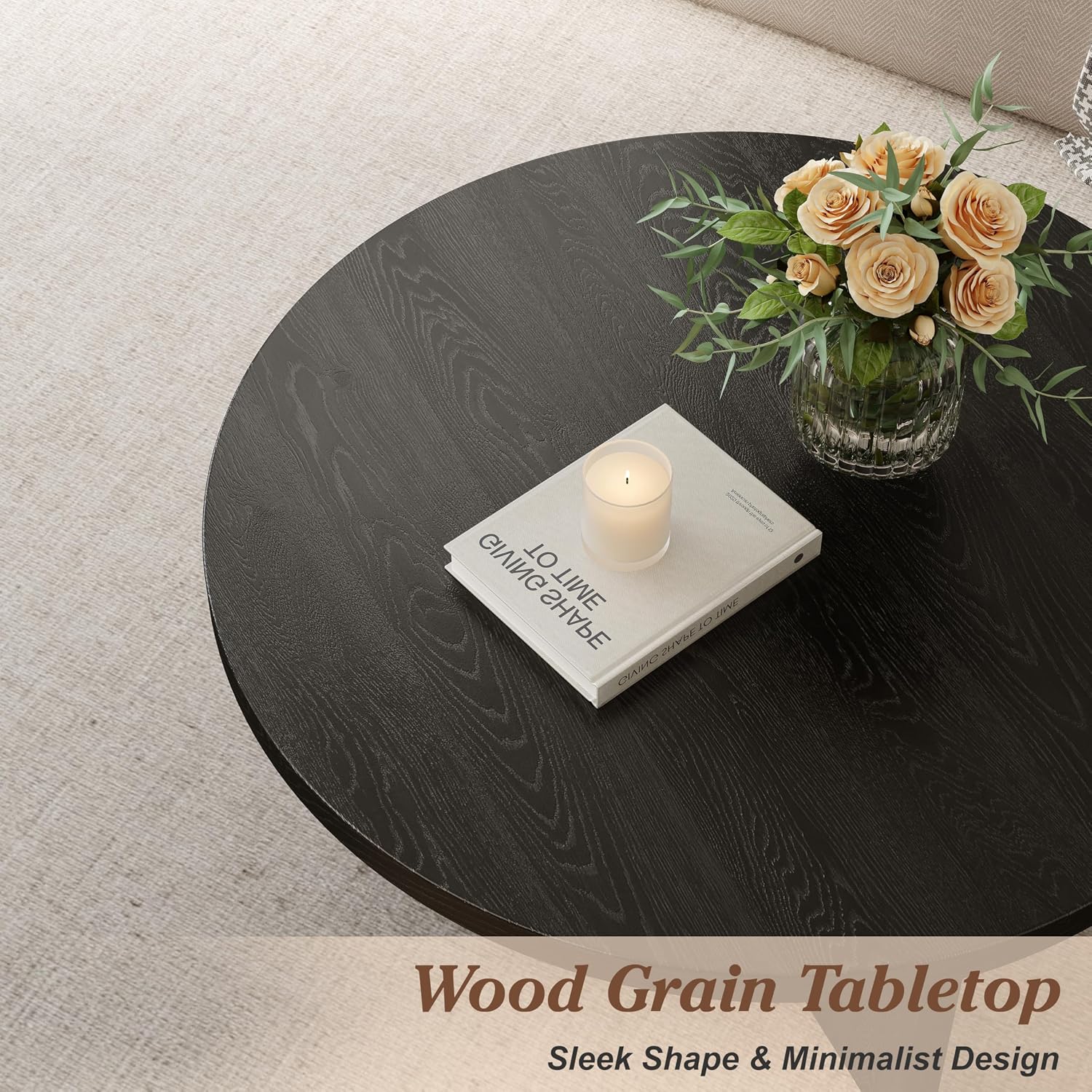 Luoxiao 31.5' Black Round Coffee Table Modern Circle Center Table for Living Room, Space-Saving Wood Accent Table for Apartments, Study, with Adjustable Feet Pads, Easy Assembly